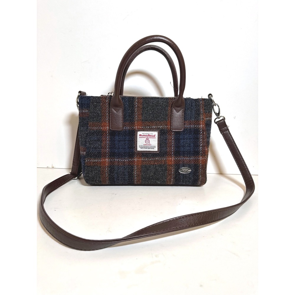 Glen Alpinn x Harris Tweed Plaid Wool Satchel Handbag Blue Orange Crossbody Bag